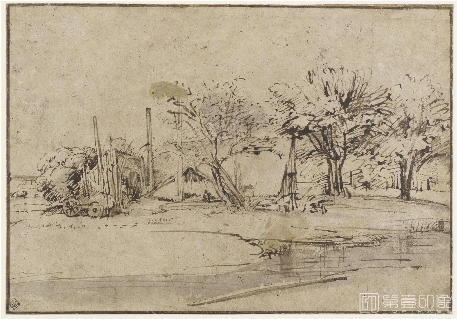 速写-美国弗里克美术馆藏画-Rembrandt Harmensz. van Rijn - Landscape with Cottage,Trees, and Stream, c. 1650-172